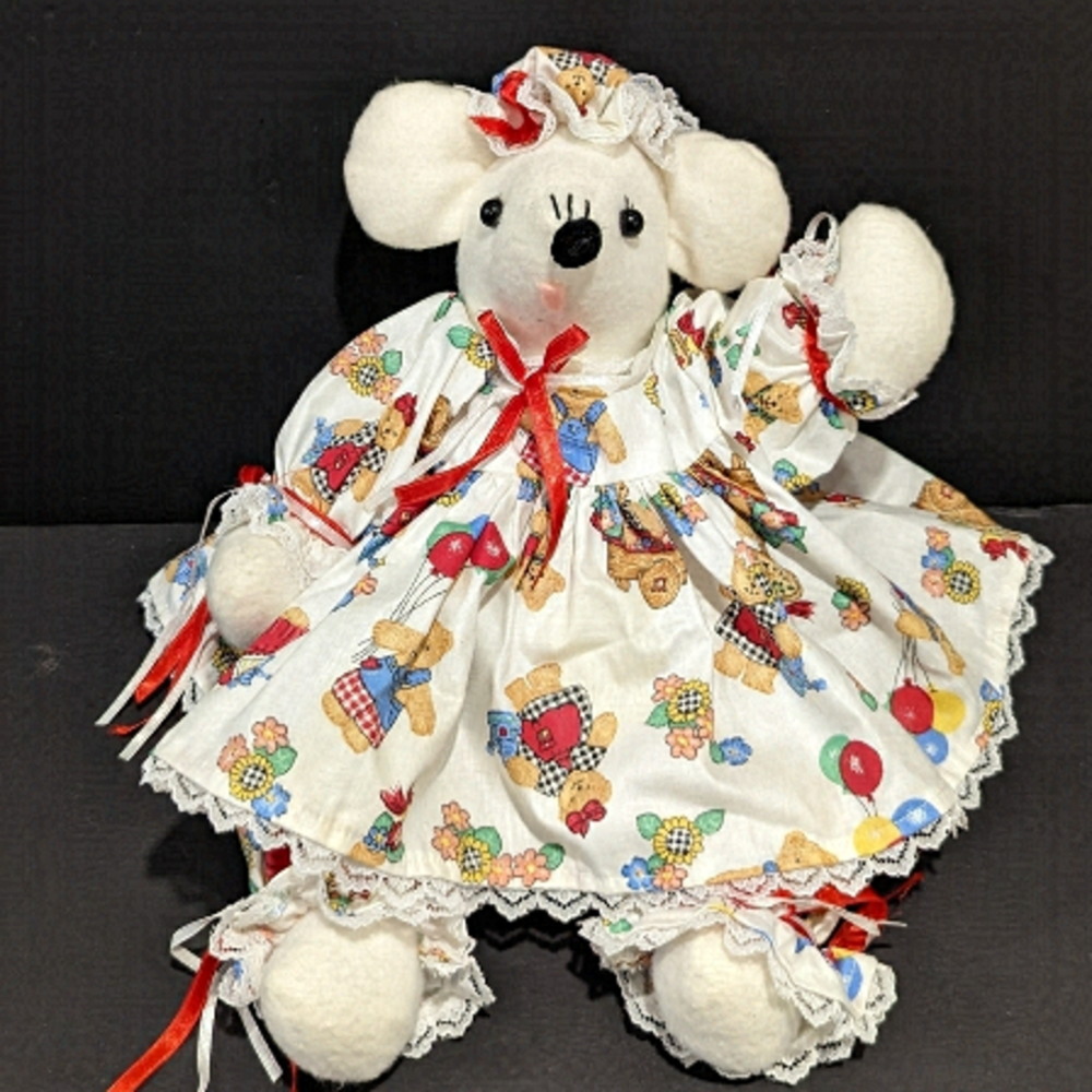 2/$20 Handmade White Mouse Plush 14” Ruffle Dress Bear Print